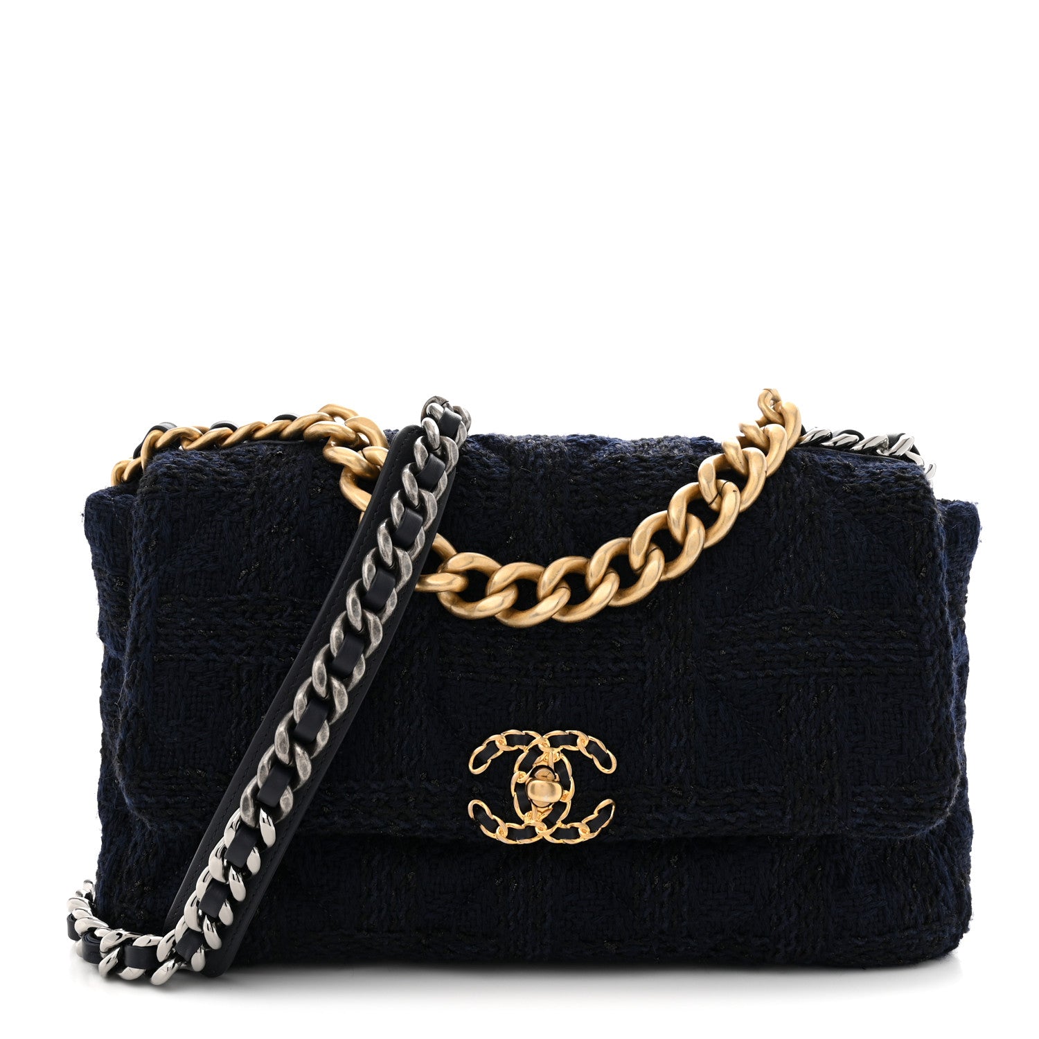 Chanel Tweed Quilted Large Chanel 19 Flap Navy Blue 1 of 10
