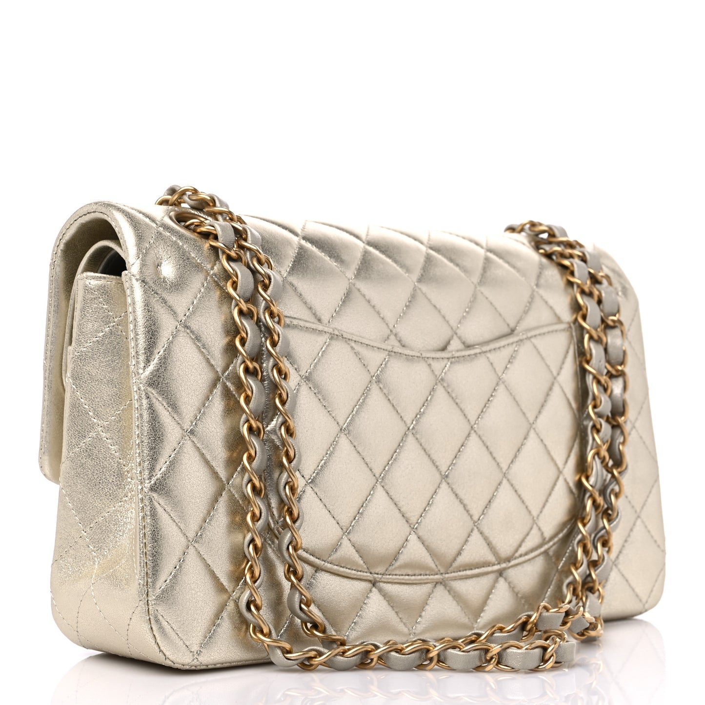 Metallic Lambskin Quilted Medium Double Flap Gold