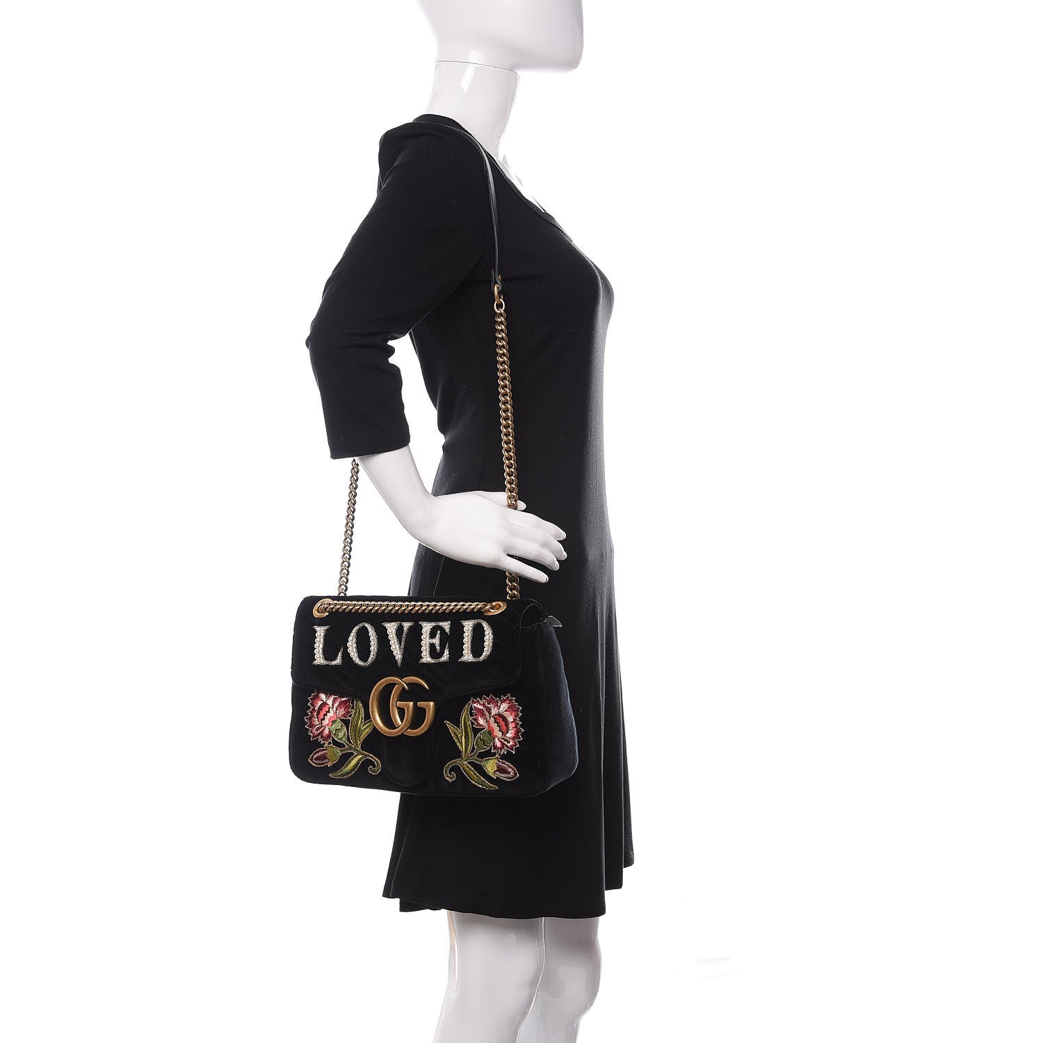 Gucci Velvet Matelasse Loved Embroidered Medium GG Marmont Shoulder Bag Black 2 of 10