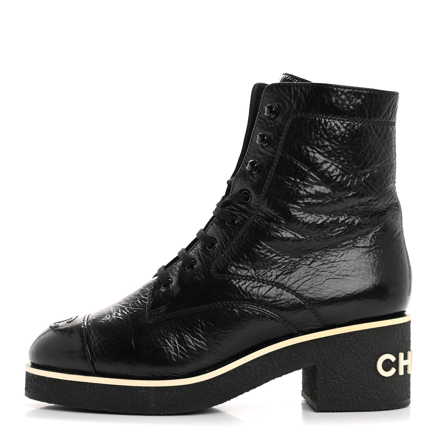 Shiny Crumpled Lambskin Lace Up Combat Boots 42 Black