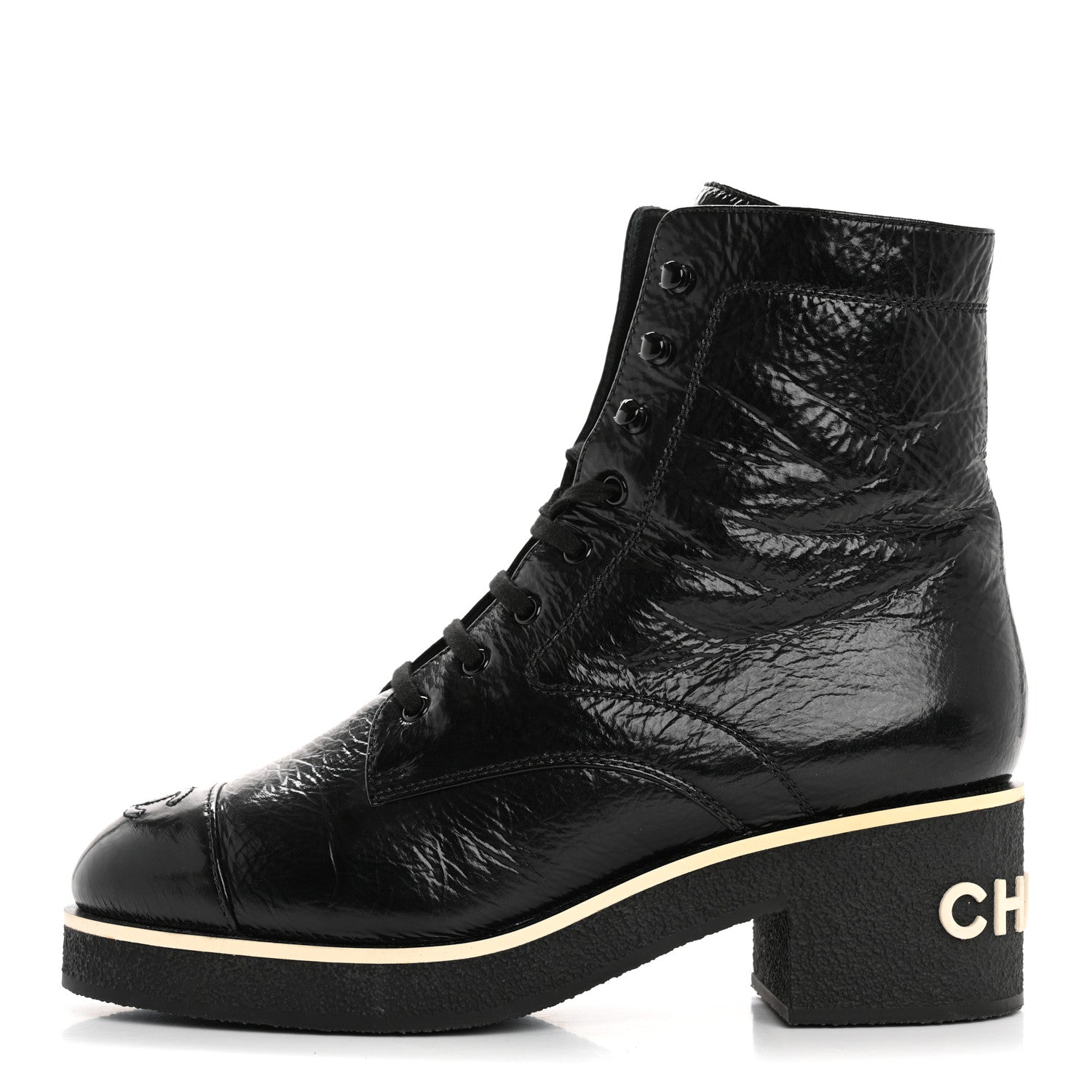 Chanel Shiny Crumpled Lambskin Lace Up Combat Boots 42 Black 1 of 10
