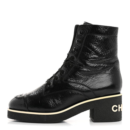Chanel Shiny Crumpled Lambskin Lace Up Combat Boots 42 Black 1 of 10