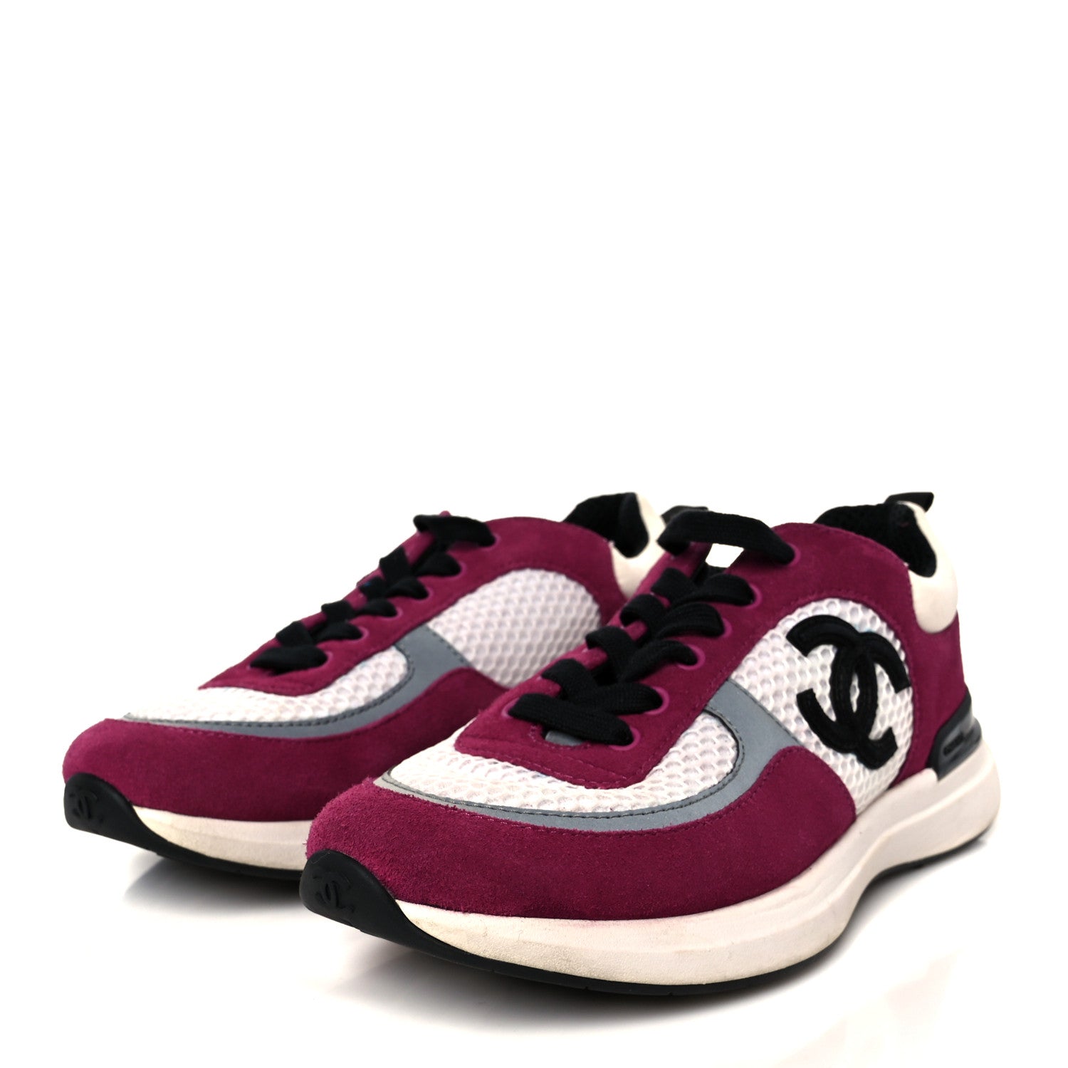Chanel Mesh Suede Calfskin Womens CC Sneakers 38 White Dark Pink Grey 4 of 9