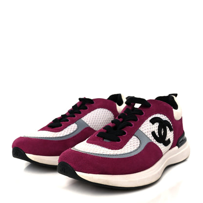 Chanel Mesh Suede Calfskin Womens CC Sneakers 38 White Dark Pink Grey 4 of 9