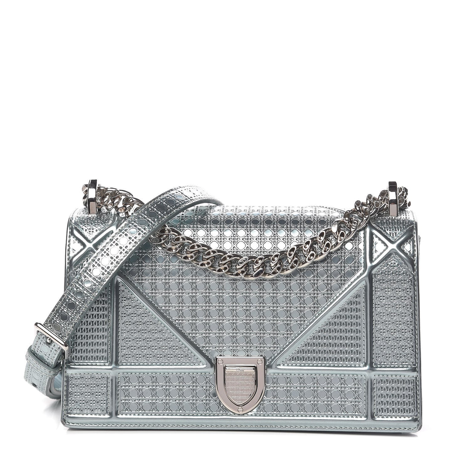 Metallic Patent Micro-Cannage Small Diorama Flap Bag Azur