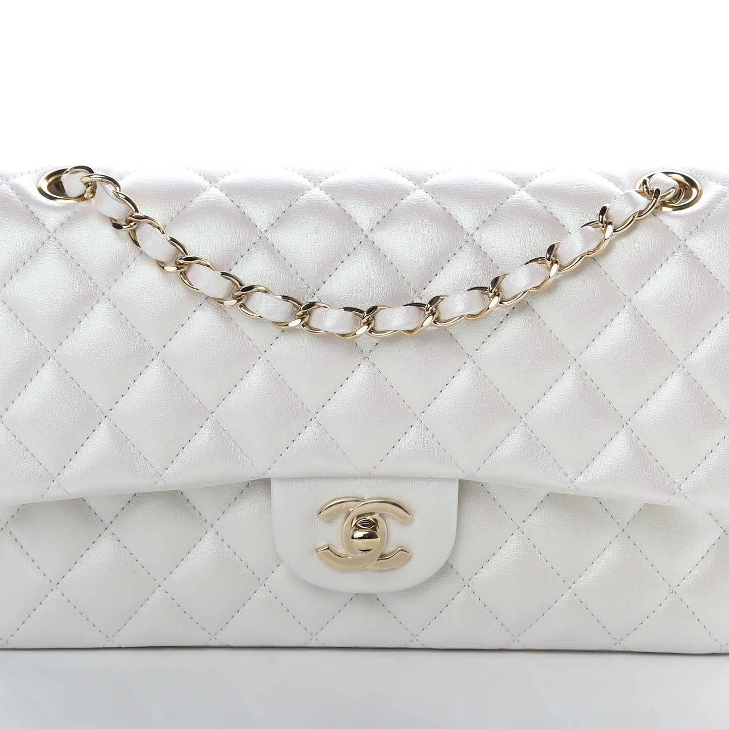 Iridescent Calfskin Quilted Medium Double Flap White