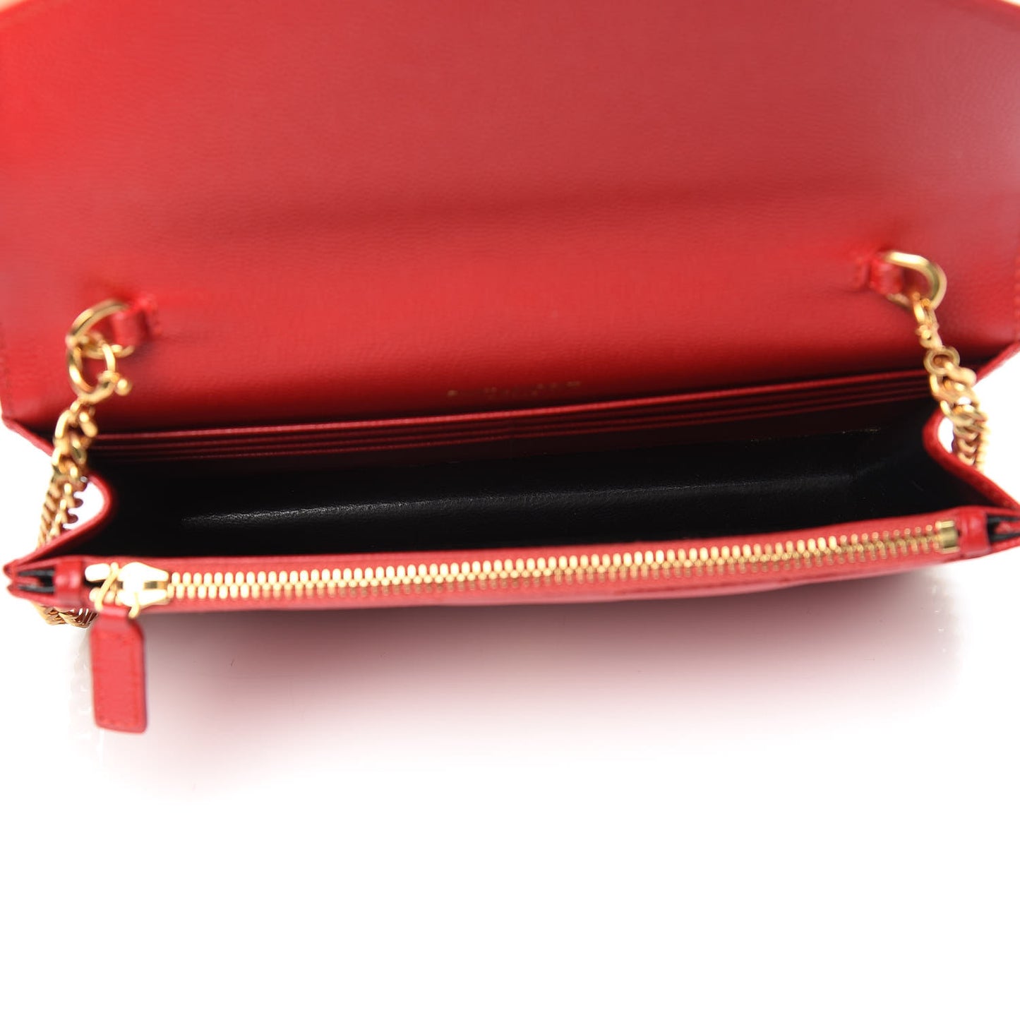 Grain De Poudre Matelasse Chevron Monogram Envelope Chain Wallet New Red