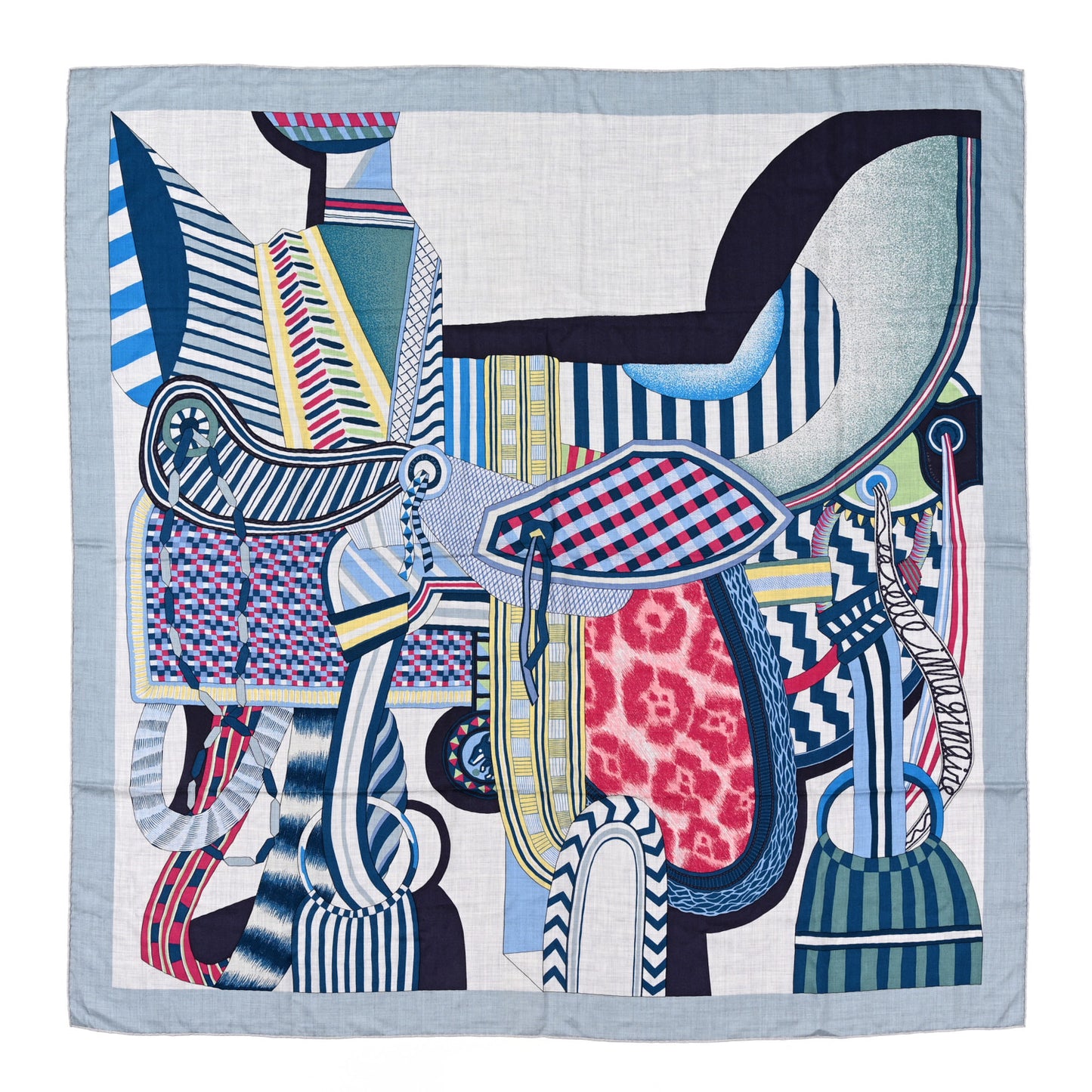 Cashmere Silk La Selle Imaginaire Shawl 140 Gris Chine Bleu