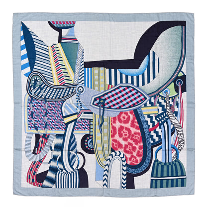 Hermes Cashmere Silk La Selle Imaginaire Shawl 140 Gris Chine Bleu 1 of 6
