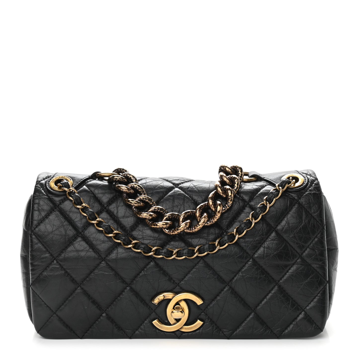 Aged Calfskin Quilted Small Pondichery Flap Black
