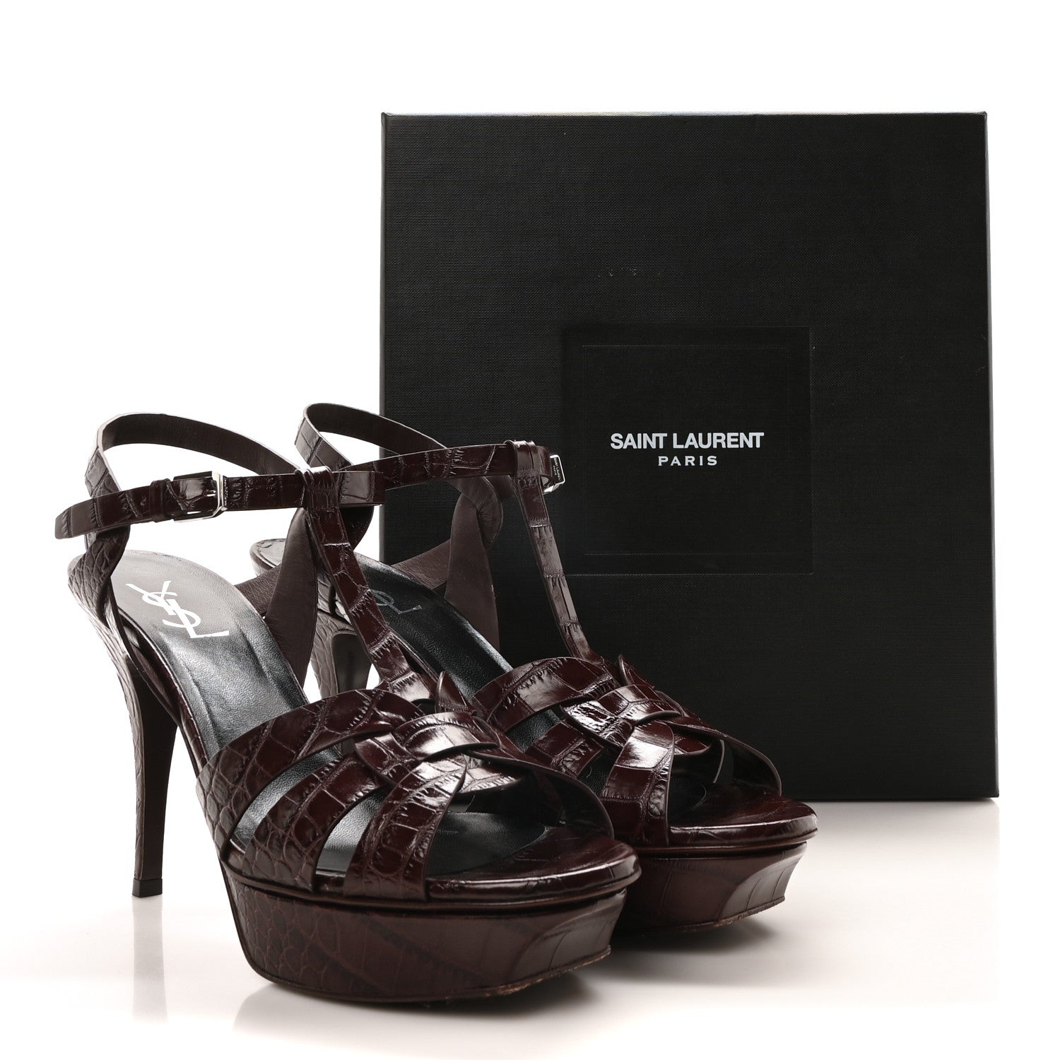 Saint Laurent Calfskin Embossed Crocodile Tribute 75 Platform Sandals 41 Rouge Legion 9 of 9
