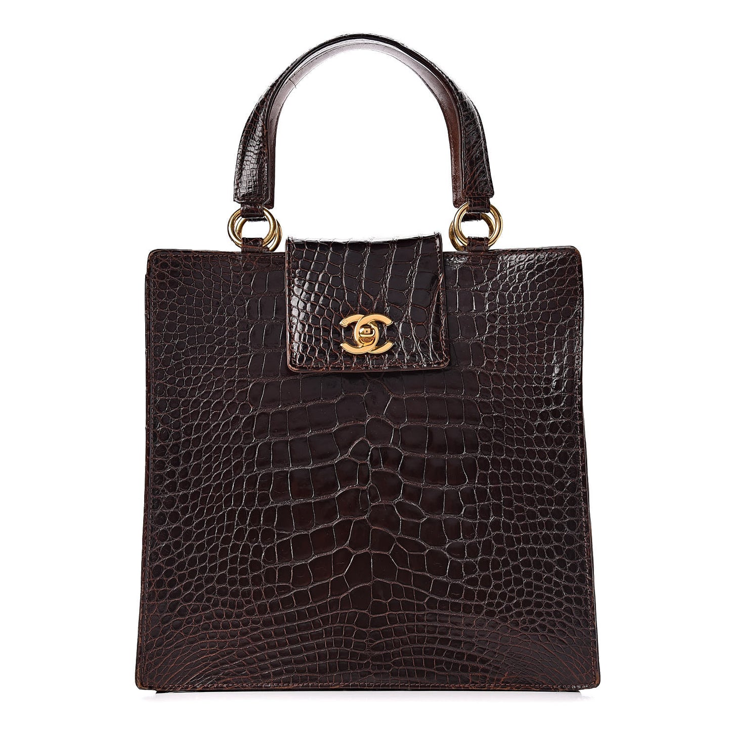 Shiny Crocodile Top Handle Tote Chocolate