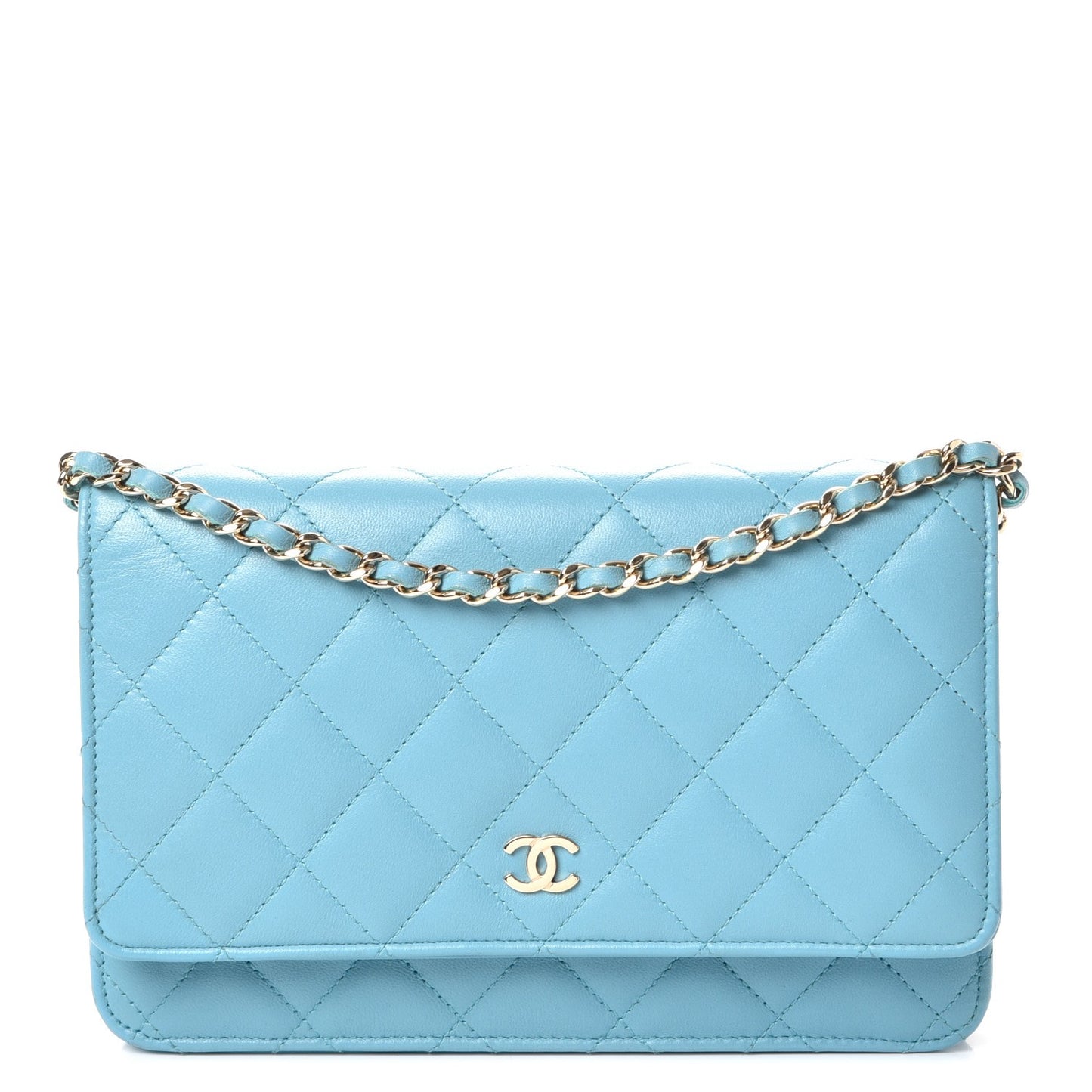 Lambskin Quilted Wallet On Chain WOC Light Blue