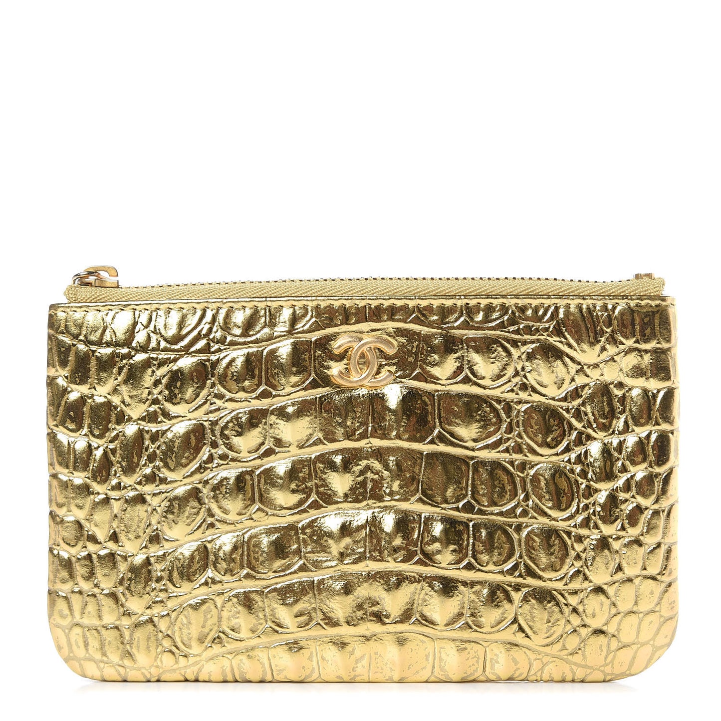 Metallic Calfskin Crocodile Embossed Cocodile Cosmetic Case Gold