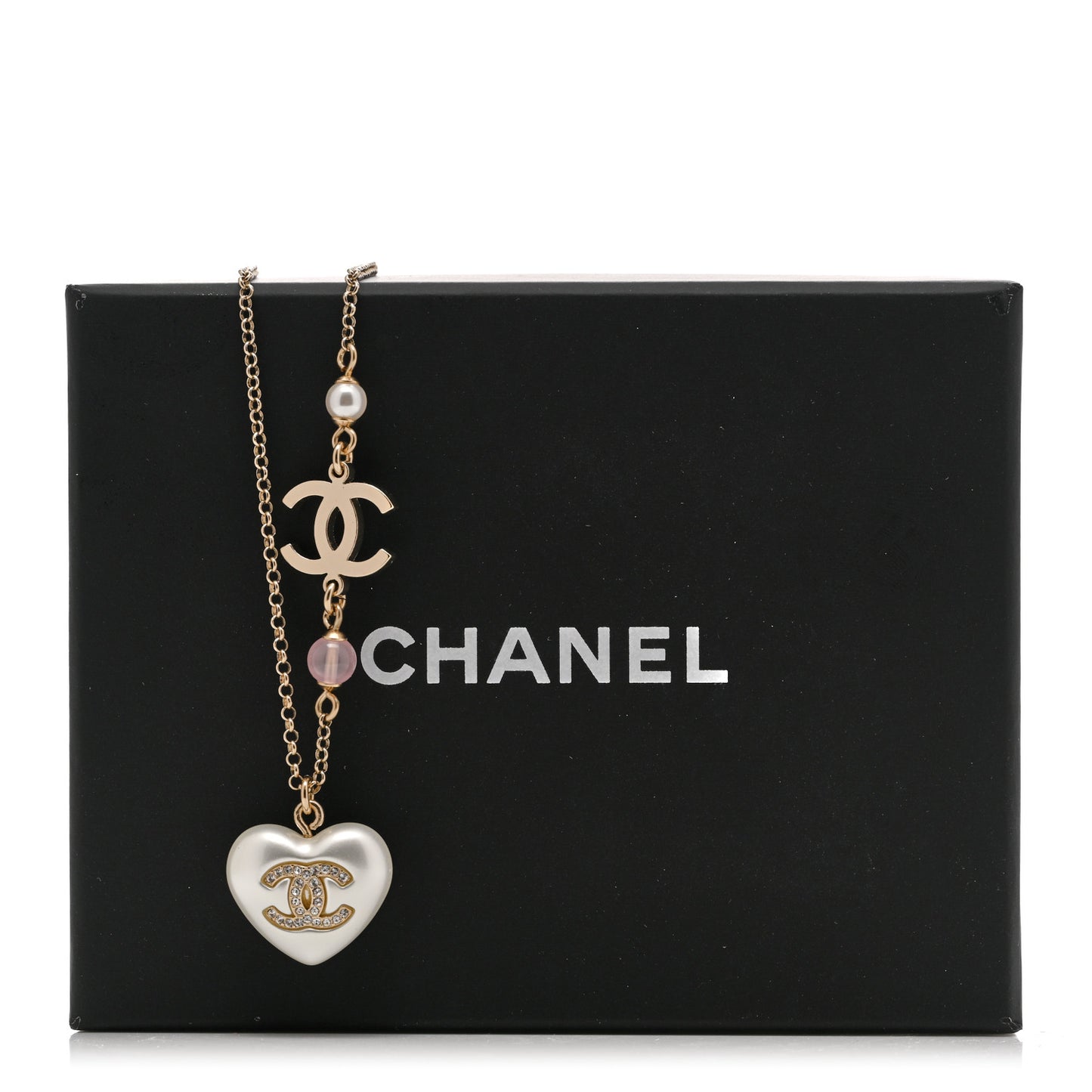 Resin Crystal CC Heart Necklace Pearly White Gold