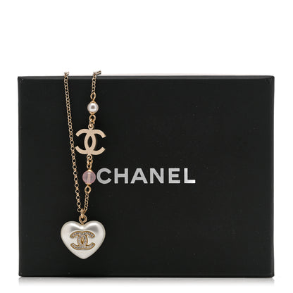 Chanel Resin Crystal CC Heart Necklace Pearly White Gold 6 of 6