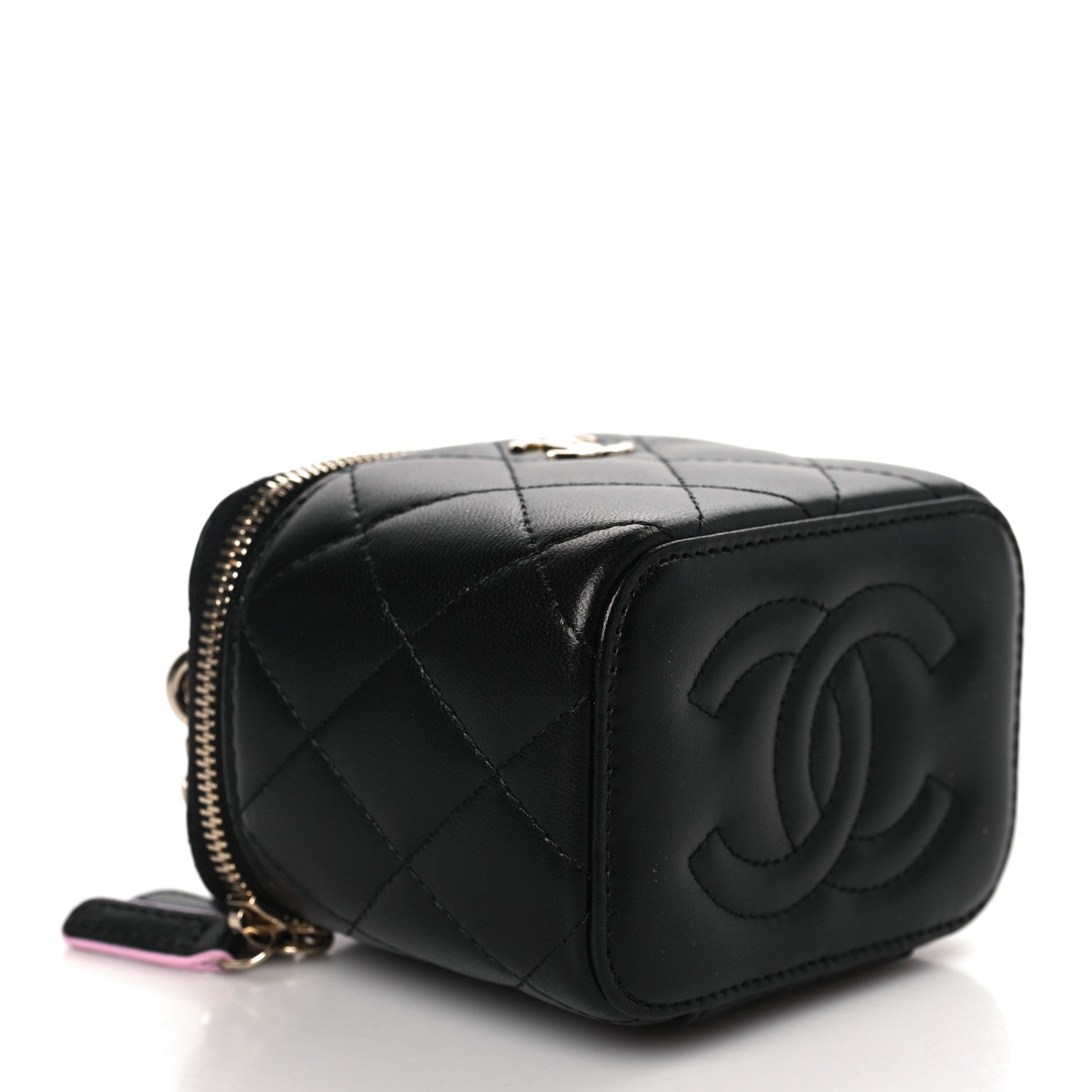 Chanel Lambskin Quilted Top Handle Mini Vanity Case With Chain Black Pink 3 of 9