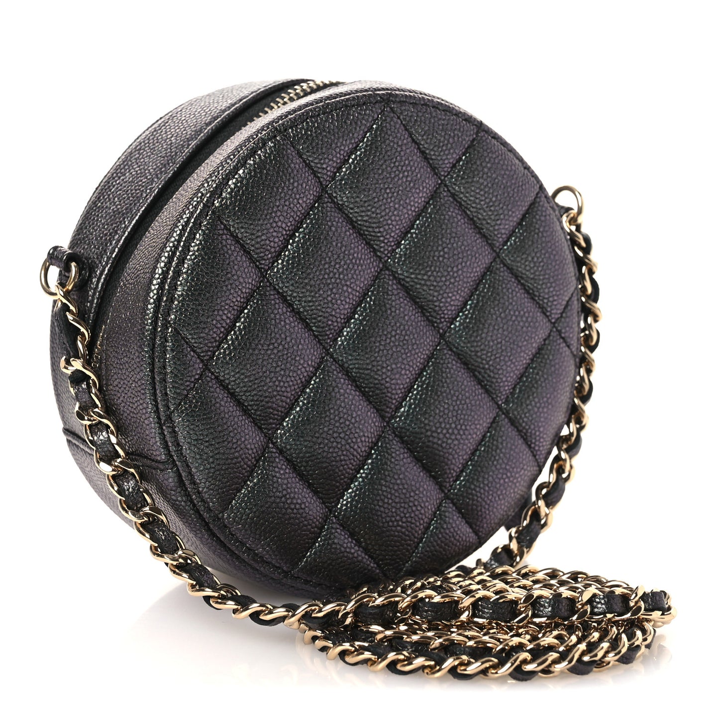Iridescent Caviar Quilted Round Clutch With Chain Black