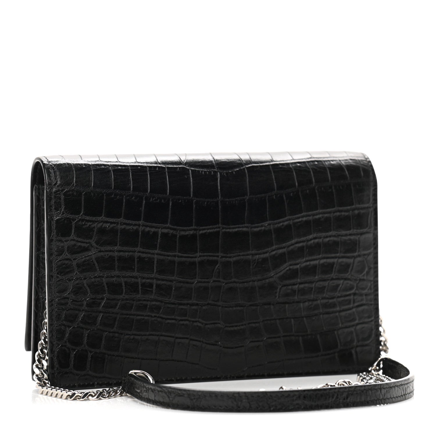 Saint Laurent Calfskin Crocodile Embossed Kate Monogram Tassel Chain Wallet Black 3 of 10