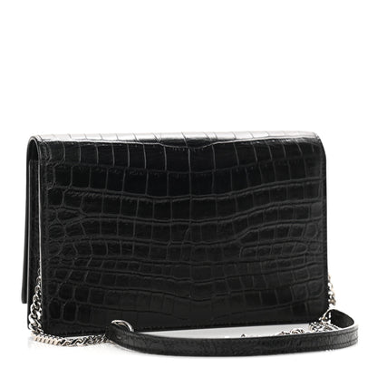 Saint Laurent Calfskin Crocodile Embossed Kate Monogram Tassel Chain Wallet Black 3 of 10