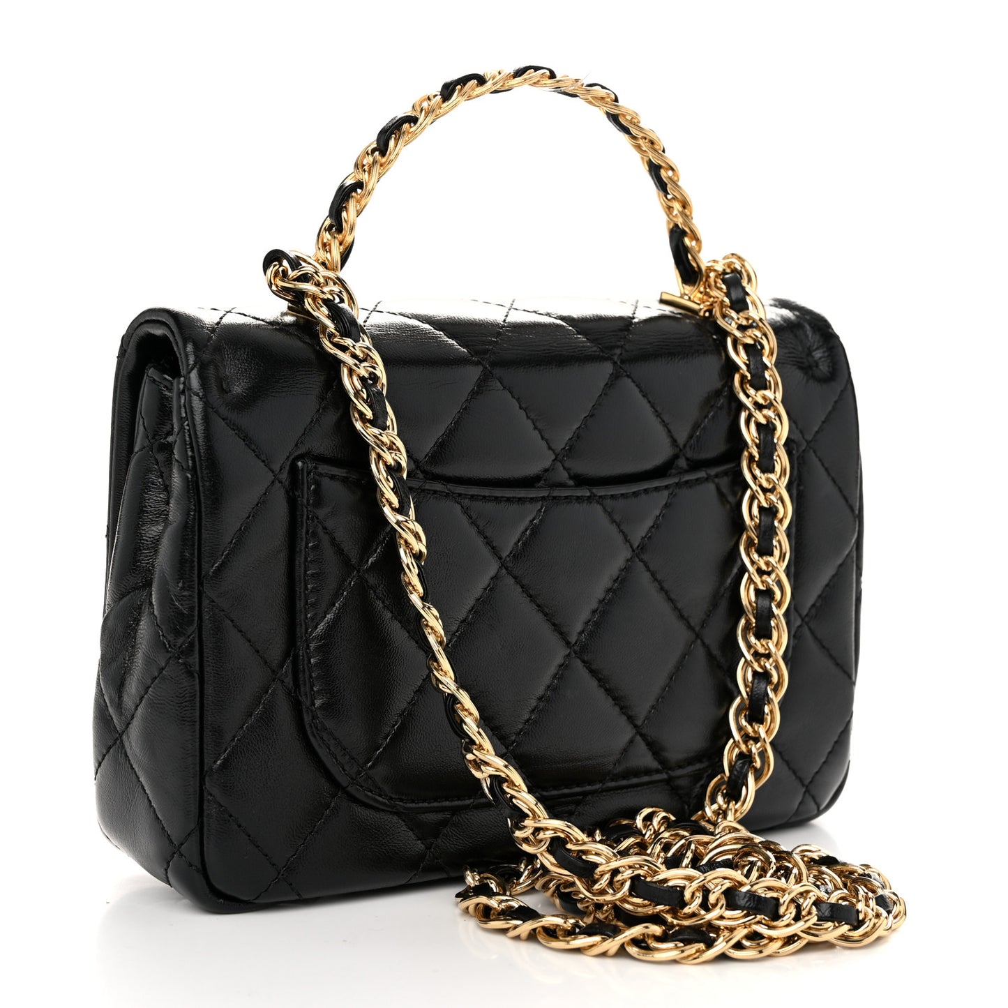 Shiny Lambskin Quilted Golden Links Top Handle Flap Black