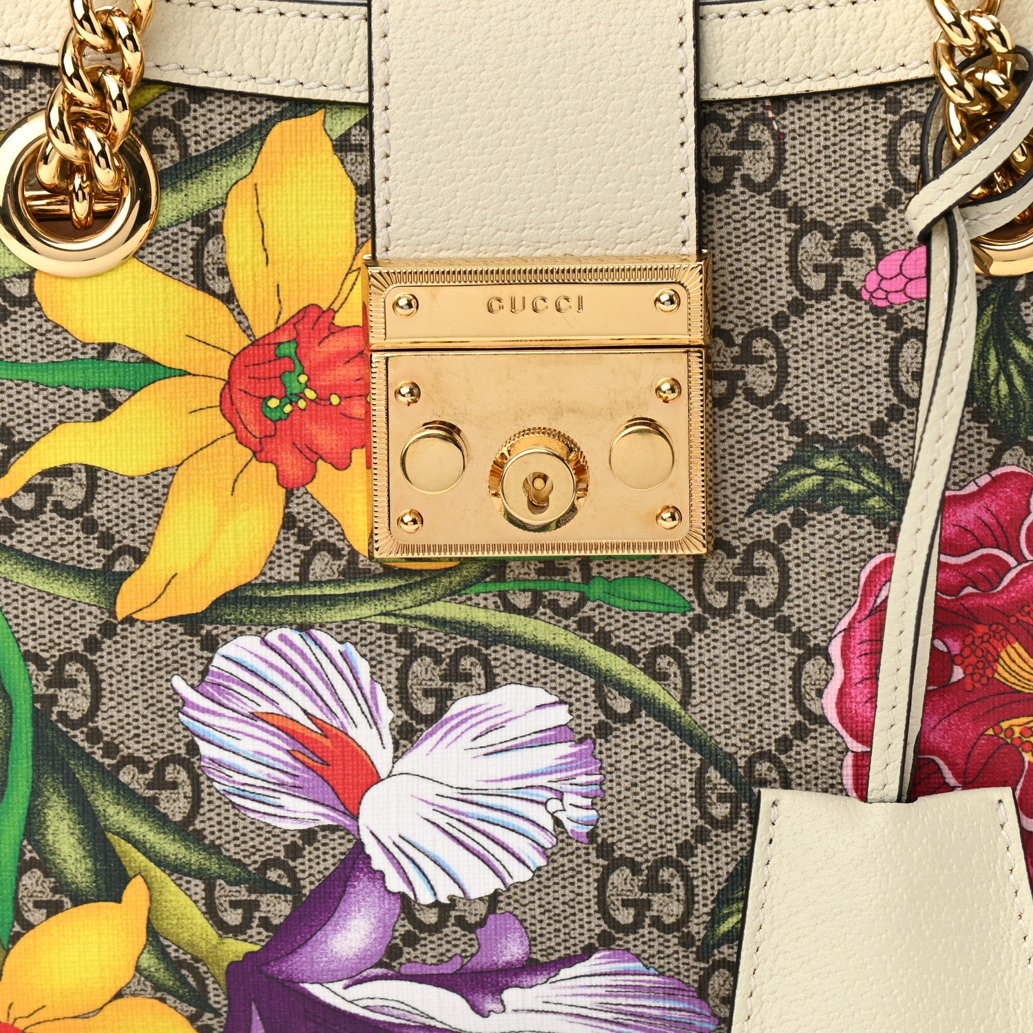 Gucci GG Supreme Monogram Flora Textured Calfskin Small Padlock Tote Beige Ebony Multicolor Mystic White 8 of 11