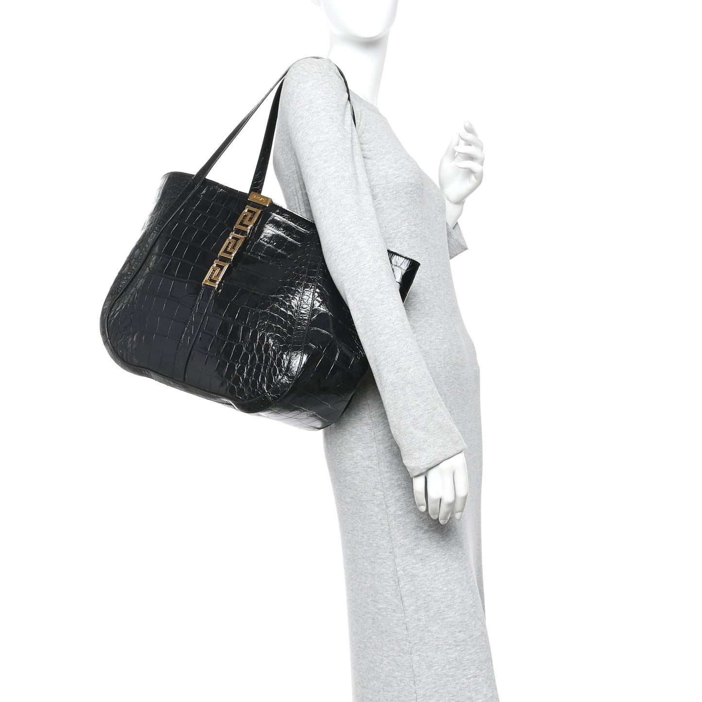 Calfskin Crocodile Embossed Greca Goddess Tote Bag Black
