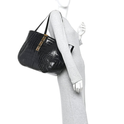 Versace Calfskin Crocodile Embossed Greca Goddess Tote Bag Black 2 of 13