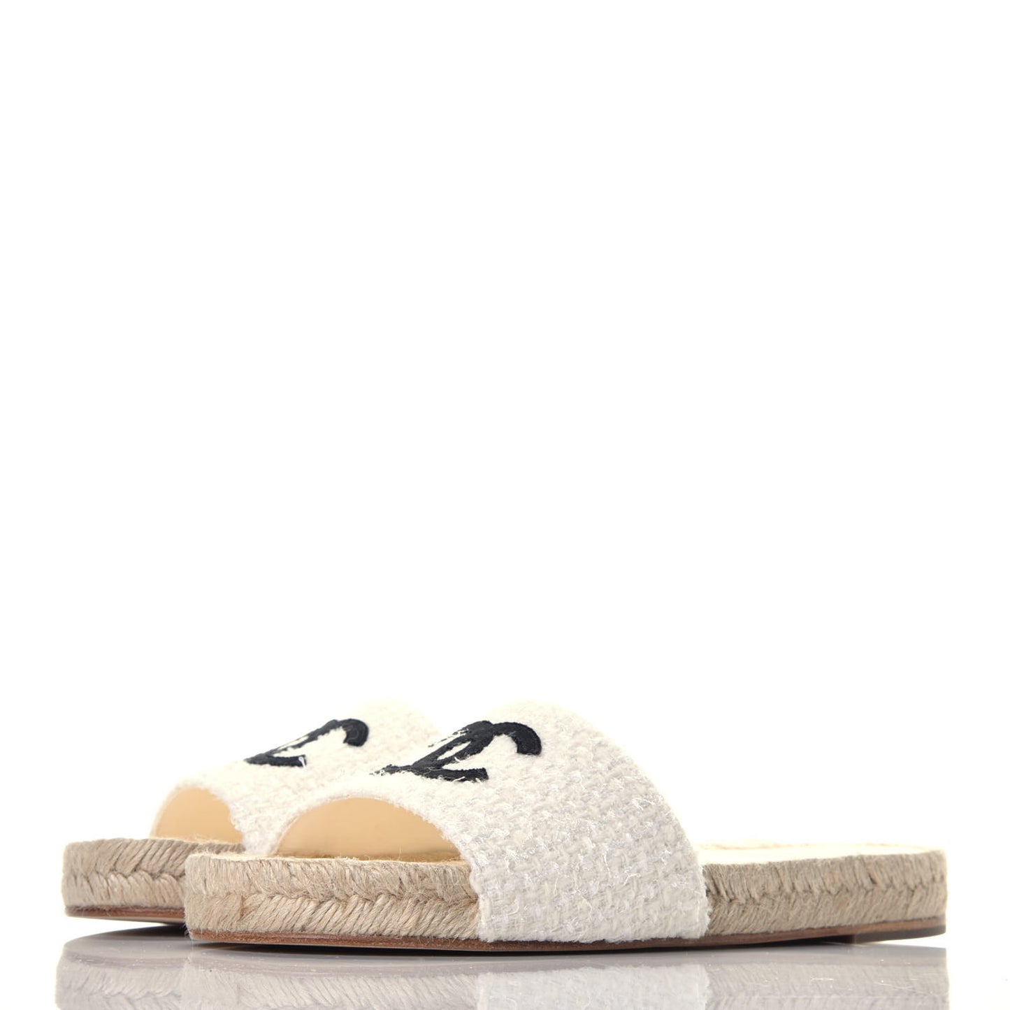 Tweed Grosgrain CC Espadrille Slip On Sandals 37 White Black