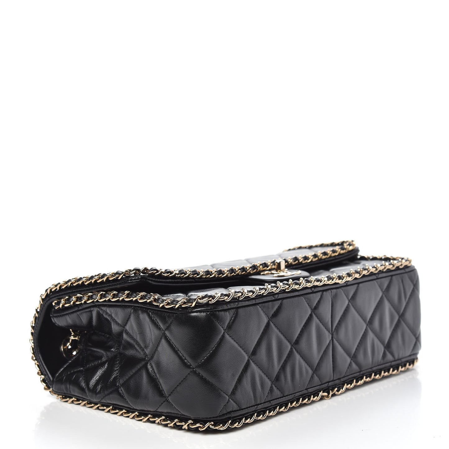 Crumpled Calfskin Quilted Large Chain All Over Flap Bag Black
