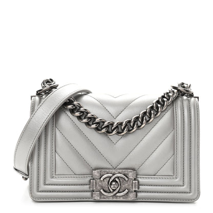 Chanel Metallic Caviar Chevron Quilted Small Boy Flap Silver 1 of 10
