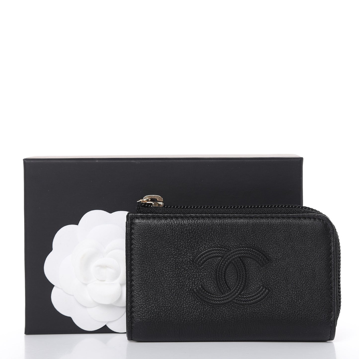 Calfskin Chain Embossed CC Key Holder Case Black