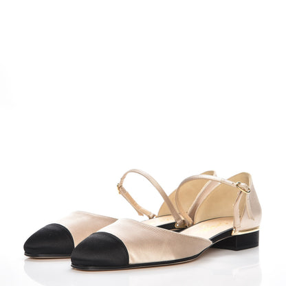 Chanel Satin Cap Toe CC Flats 38 Beige Black 3 of 9
