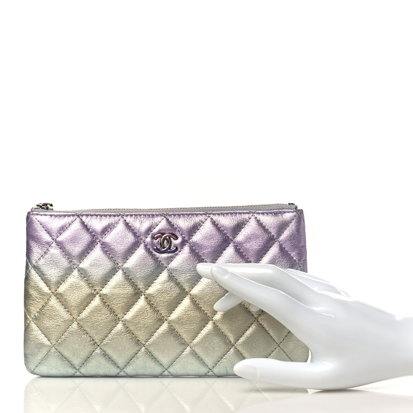 Gradient Metallic Calfskin Quilted Cosmetic Case Silver Blue Yellow Purple
