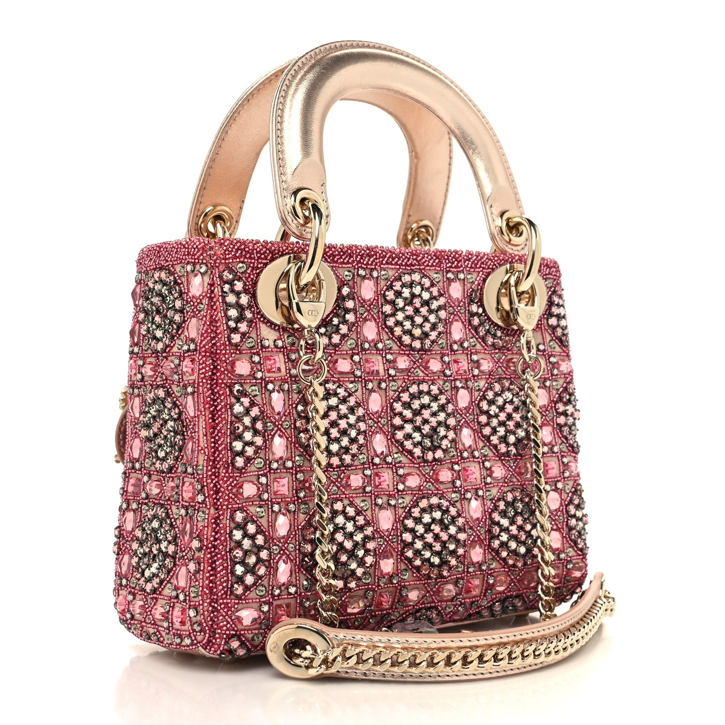 Metallic Calfskin Satin Celestial Bead Embroidery Cannage Mini Lady Dior Rose Des Vents