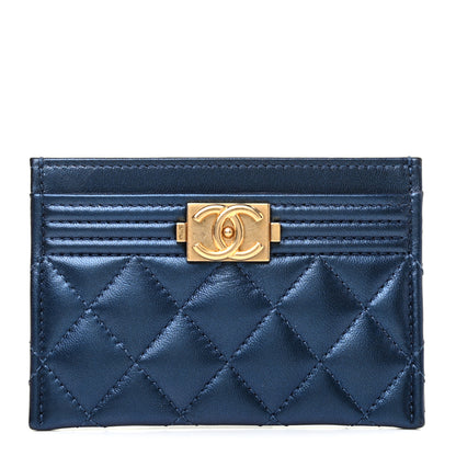 Chanel Metallic Lambskin Quilted Boy Card Holder Navy Blue 1 of 7