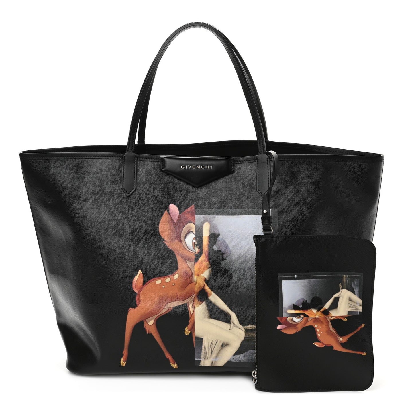 Textured Coated Canvas Bambi Print Large Antigona Tote Black