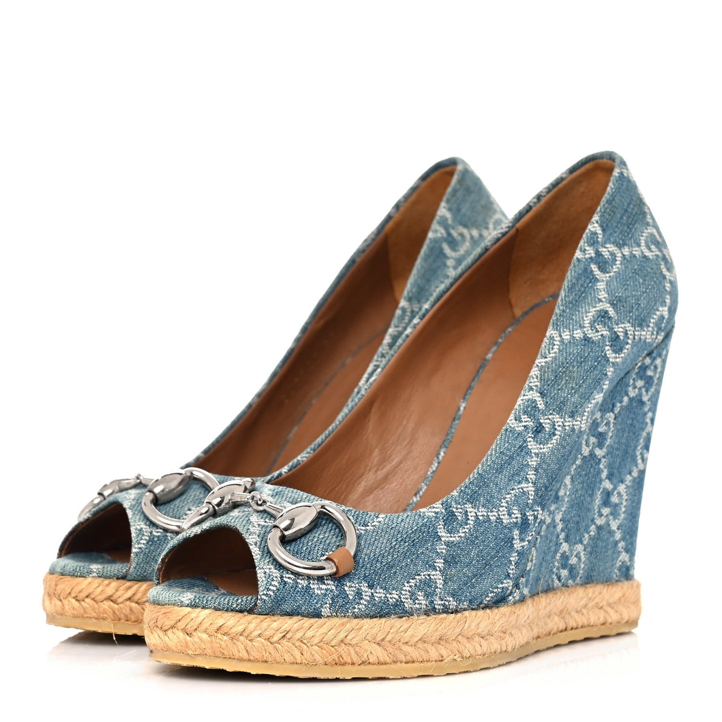 Denim Monogram Horsebit Open Toe Espadrille Wedges 35 Blue