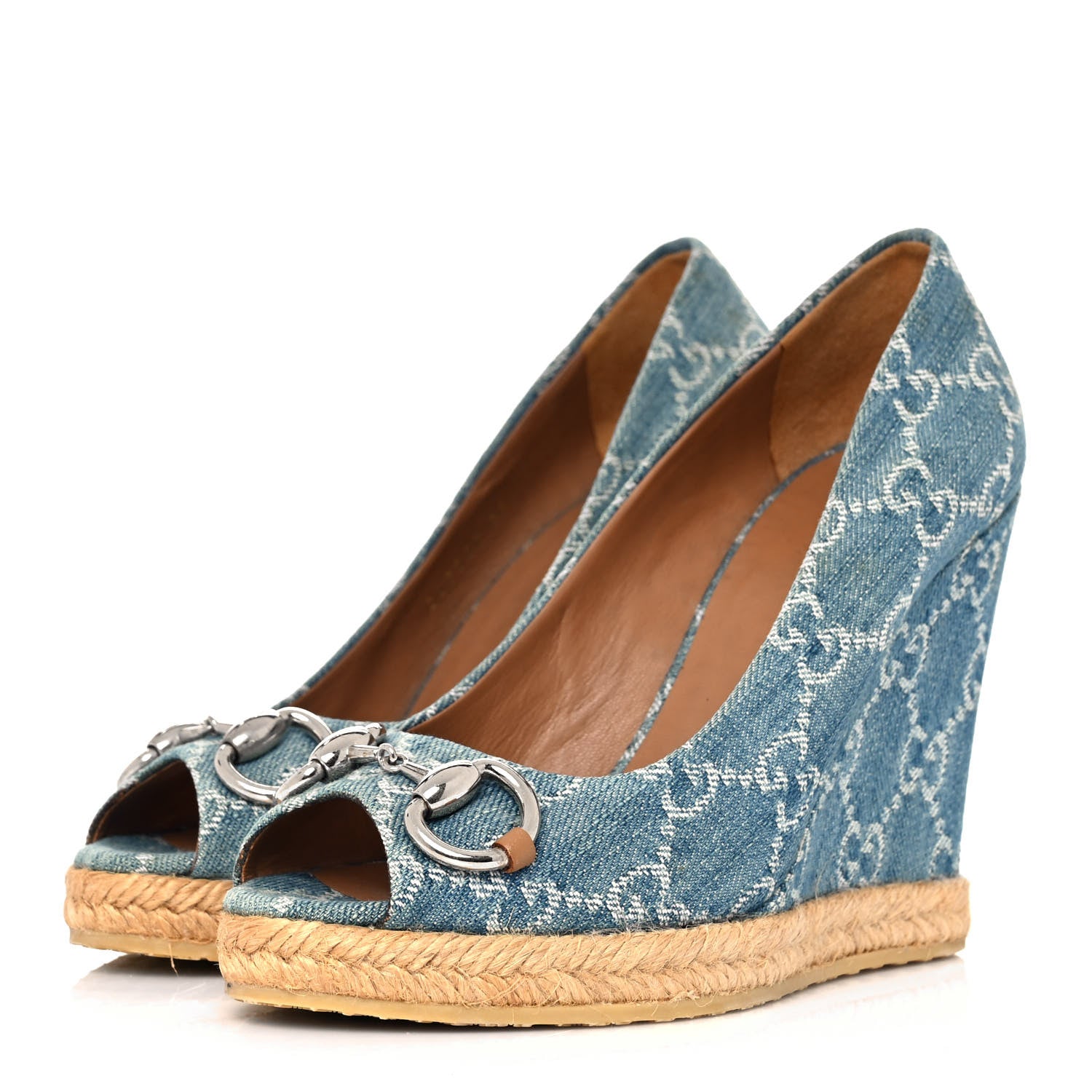 Gucci Denim Monogram Horsebit Open Toe Espadrille Wedges 35 Blue 3 of 9