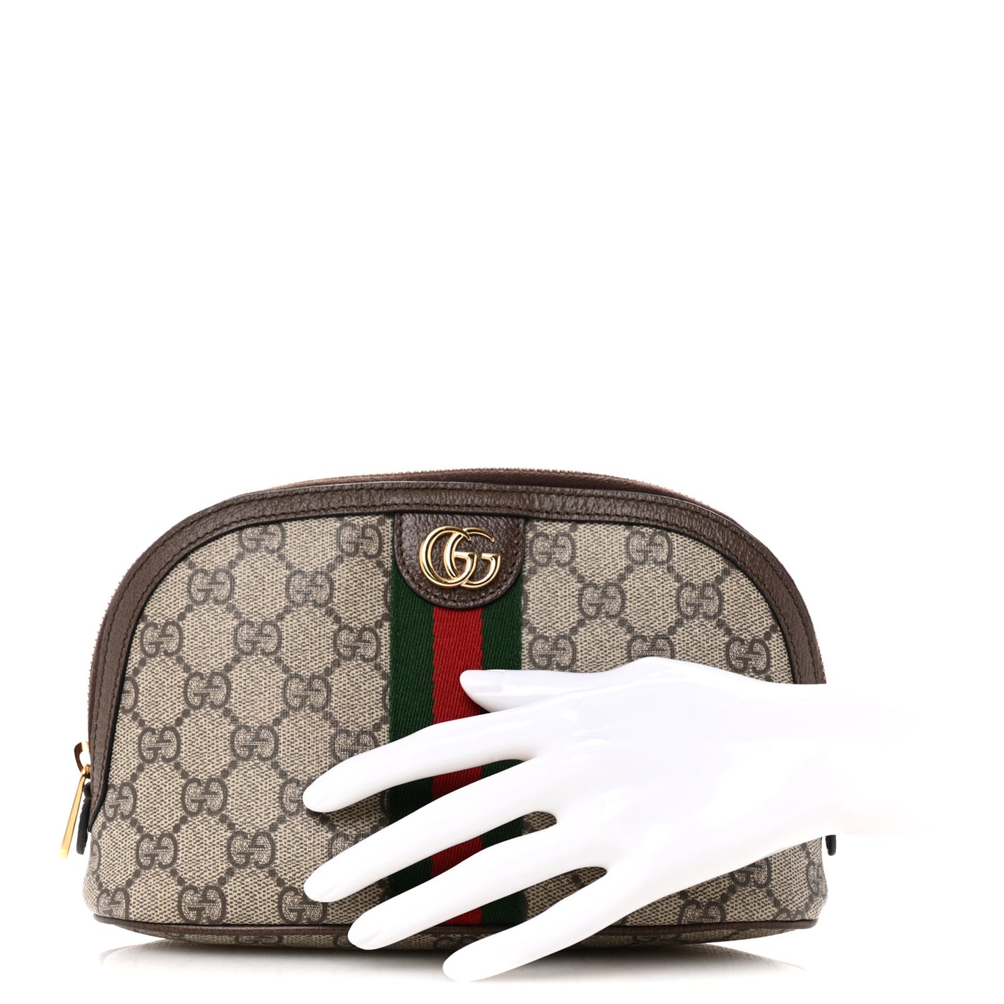 GG Supreme Monogram Textured Calfskin Web Large Ophidia Cosmetic Case Beige Ebony New Acero
