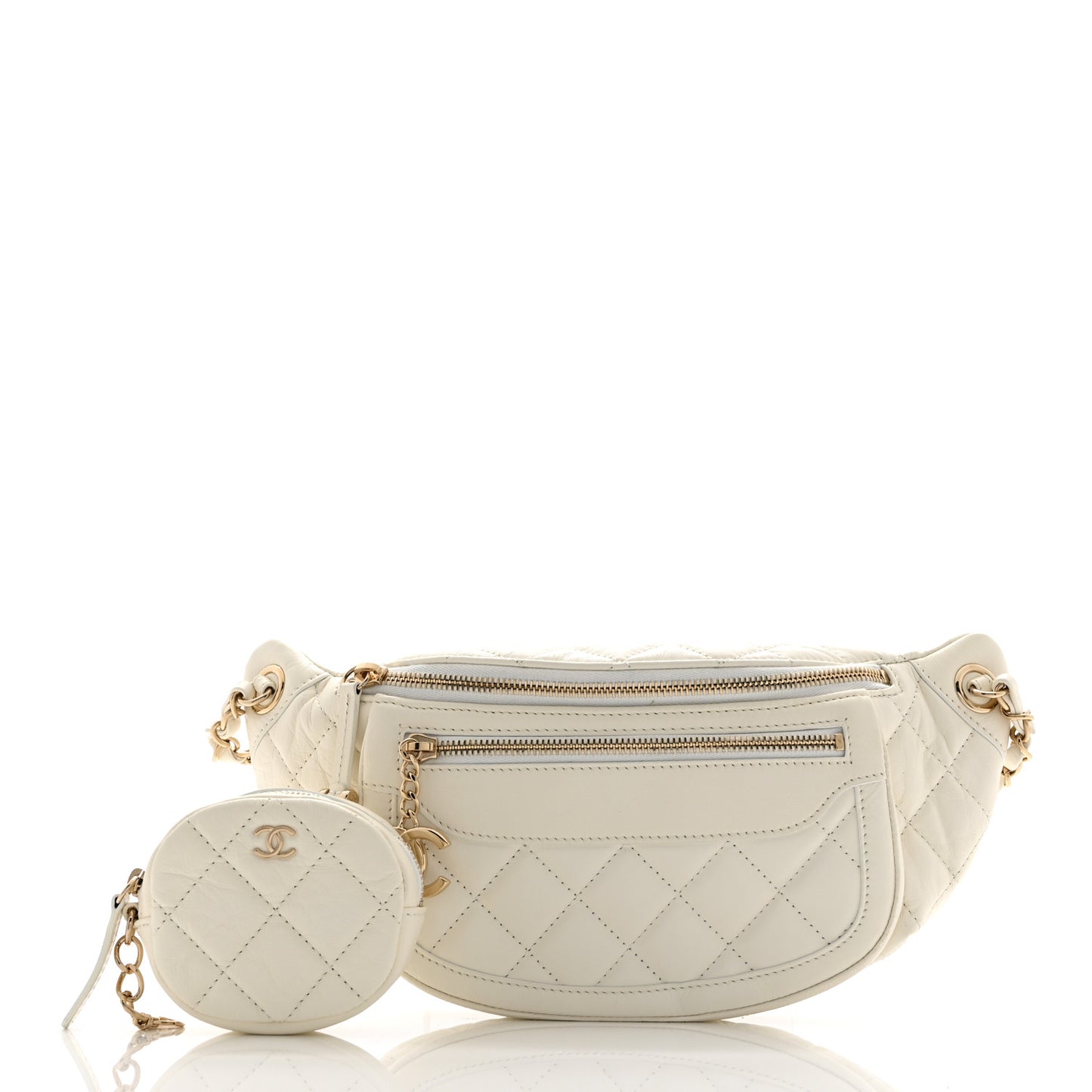 Aged Calfskin Quilted Waist Bag With Coin Purse White