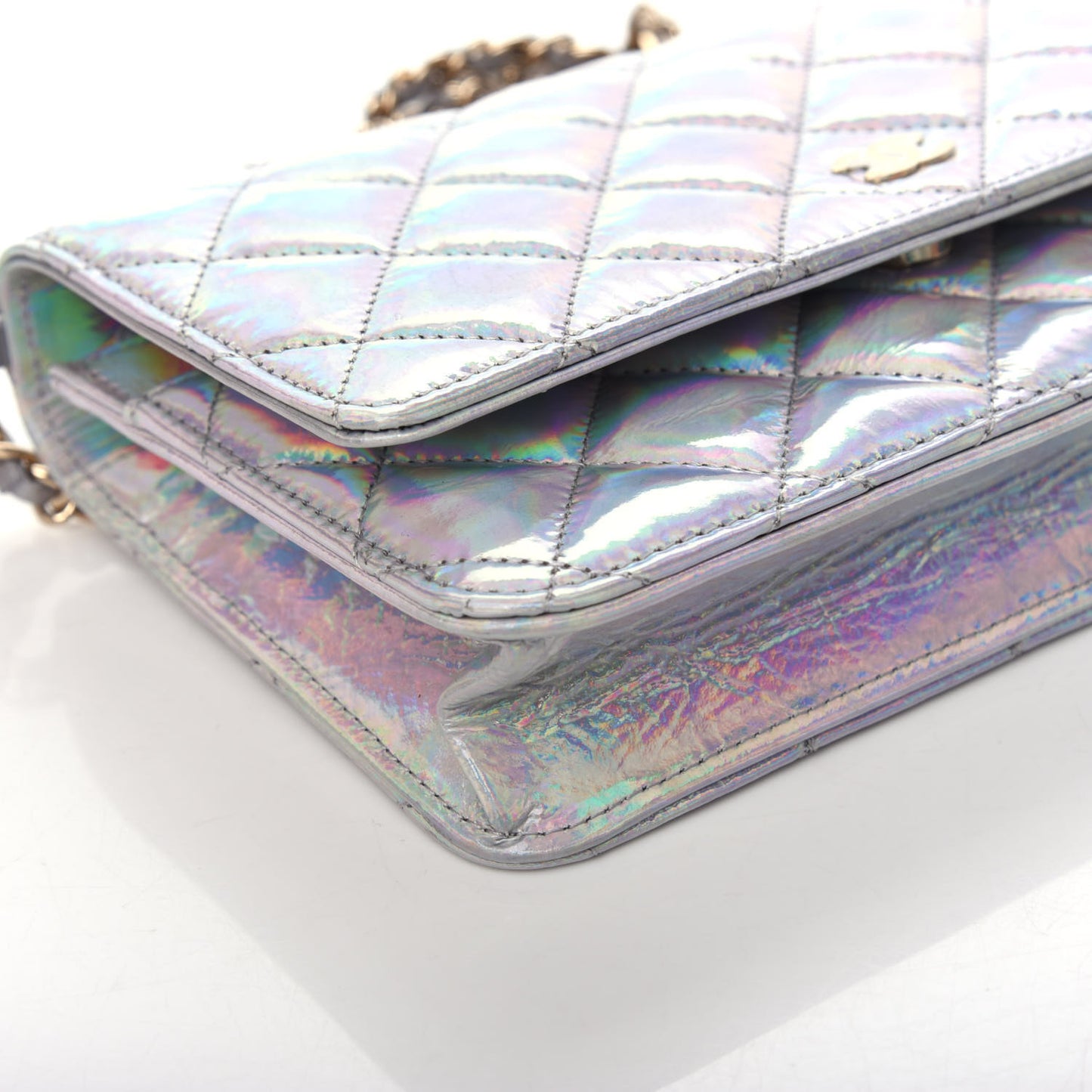Iridescent Goatskin Quilted Wallet On Chain WOC Silver