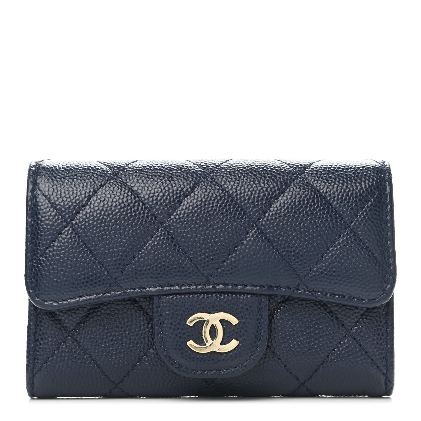 Caviar Quilted Flap Card Holder Wallet Navy Blue
