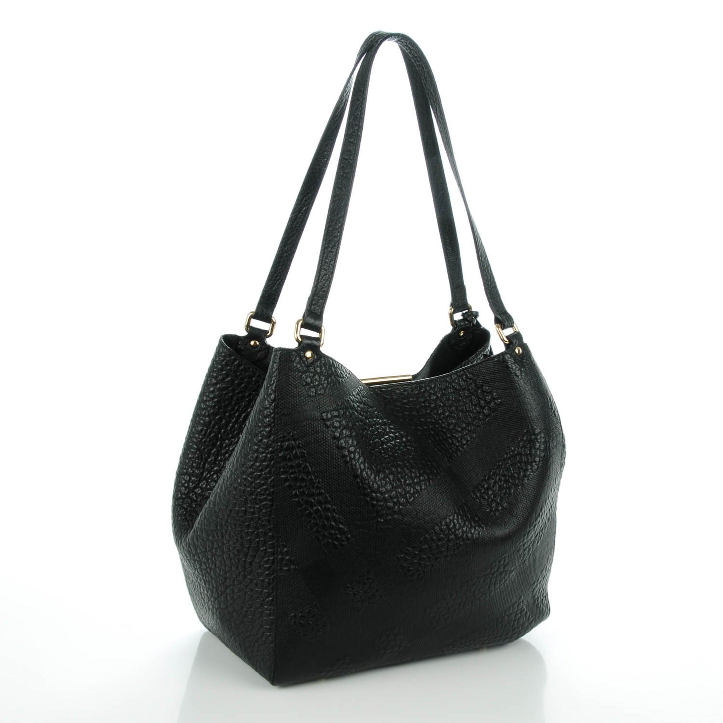 Signature Grain Calfskin Check Embossed Small Canter Tote Black