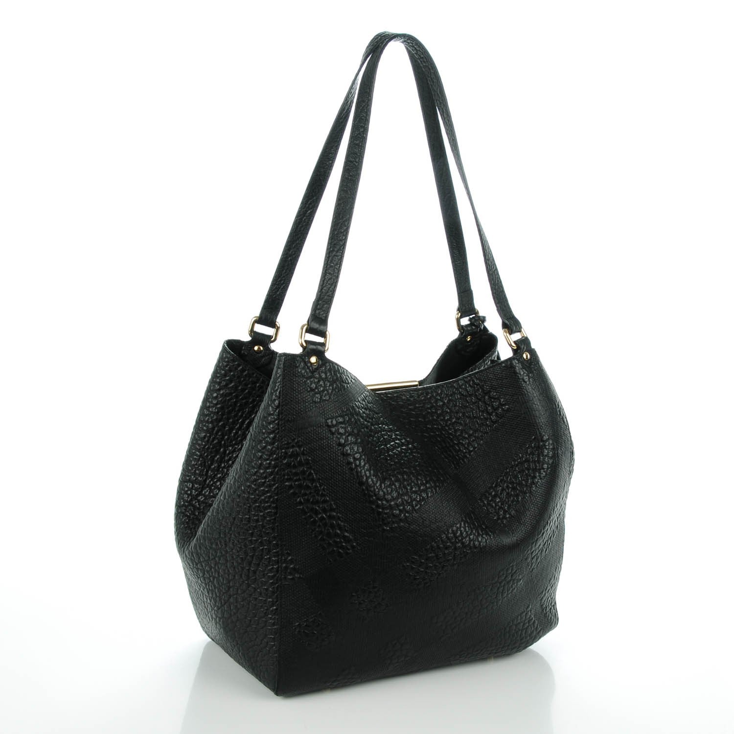 Burberry Signature Grain Calfskin Check Embossed Small Canter Tote Black 4 of 9
