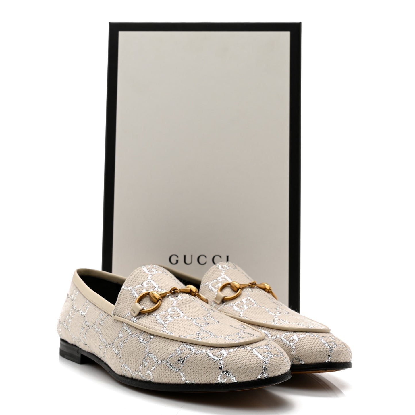 Canvas GG Monogram Horsebit Womens Jordaan Loafers 36 Gardenia Silver