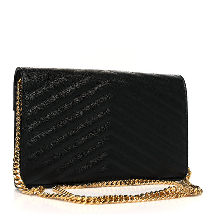 Saint Laurent Grain De Poudre Matelasse Chevron Monogram Chain Wallet Black 3 of 11