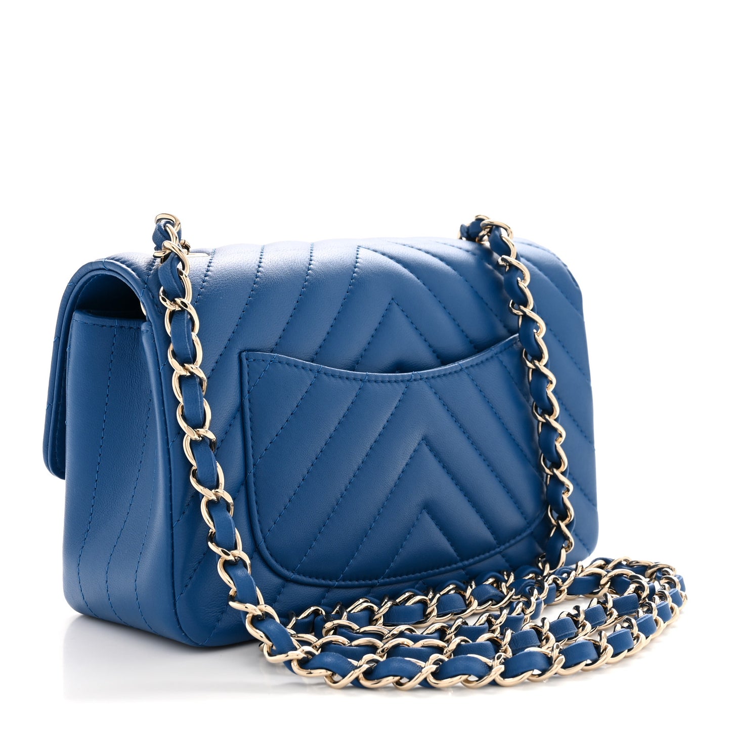 Lambskin Chevron Quilted Mini Rectangular Flap Dark Blue