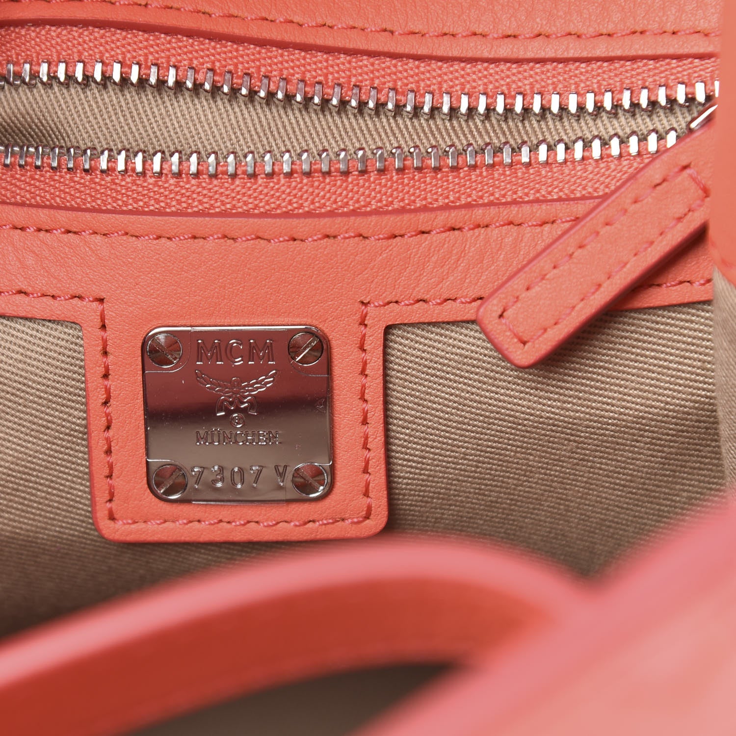 MCM Calfskin Essential Monogram Small Backpack Hot Coral 5 of 9