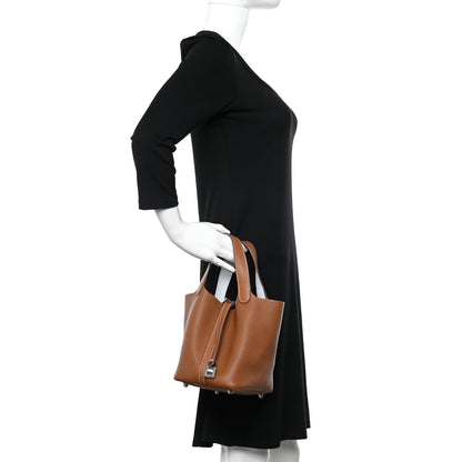 Hermes Taurillon Clemence Swift Eclat Picotin Lock 18 PM Gold Bleu Brume 2 of 11